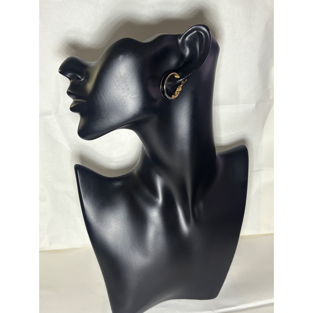 Vintage Monet Black Enamel Gold Tone Hoop Earrings Patent 248252 Lever Back